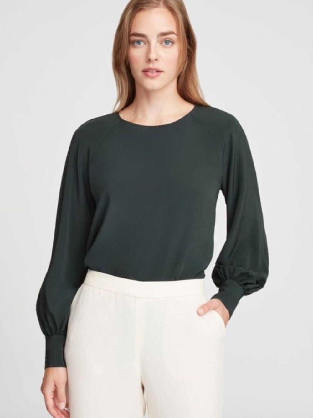 Cuyana 100% Silk Balloon Sleeve Dark Green Forest Blouse Quiet Luxury Sz S
